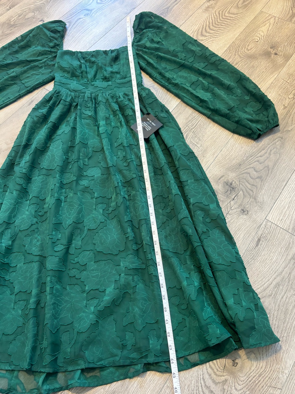 Lulus NWT Emerald Green Floral Jacquard Maxi Dress Long Sleeve Tie Back Size S - Picture 9 of 11